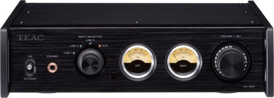 Zwarte TEAC AX-505-B geïntegreerde versterker met twee meters, draaiknoppen en een aan/uit schakelaar.