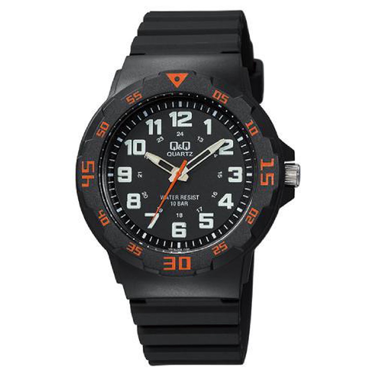 QQ VR18J008Y - Horloge - Sport - Analoog - Heren - Mannen - Plastic band - Rond - Cijfers - Kunststof - Zwart - Oranje - Crème