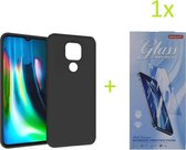 Motorola Moto G9 Play & E7 Plus TPU Silicone rubberen hoesje + 1 stuk Tempered screenprotector - zwart