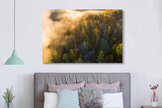 Toile Peinture Forêt - Brouillard - Coucher de Soleil - 150x100 cm - Décoration murale