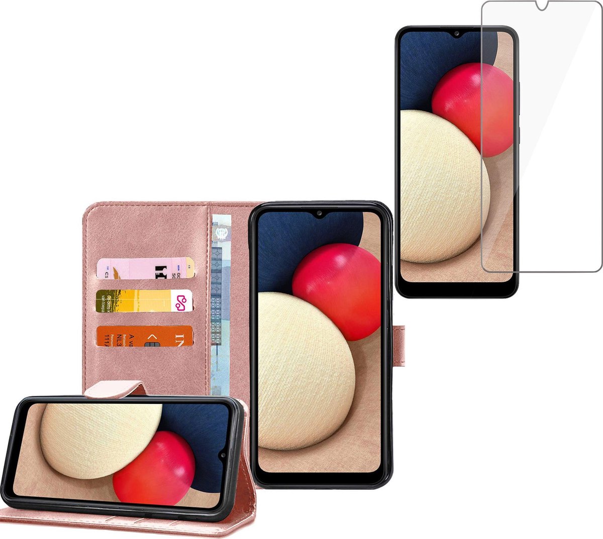 Hoesje geschikt voor Samsung Galaxy A02s - Screenprotector Glas - Book Case Portemonnee Hoesje Roségoud