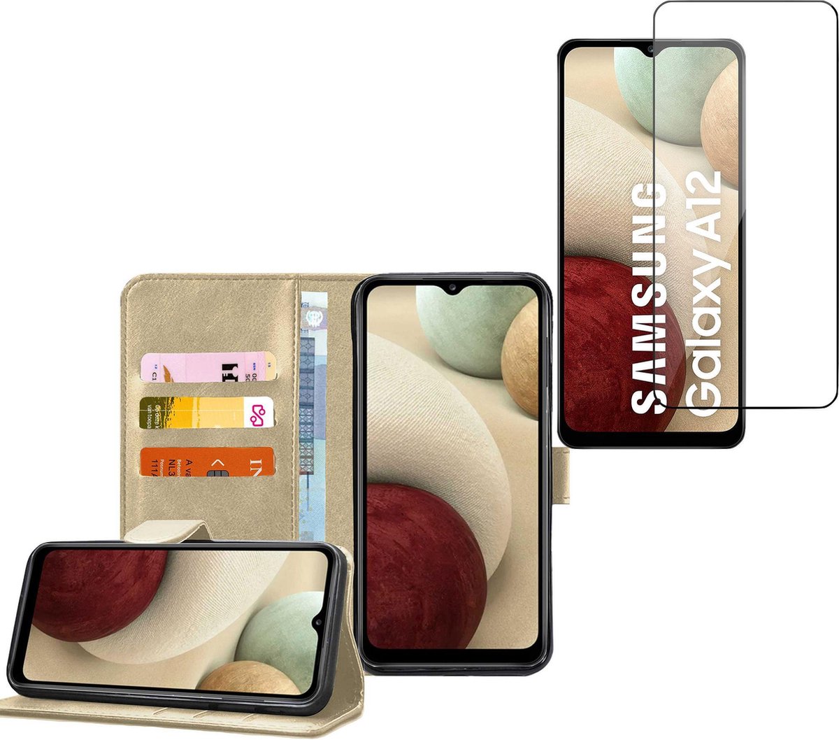 Hoesje geschikt voor Samsung Galaxy A12 - Screenprotector Glas - Book Case Portemonnee Hoesje Goud