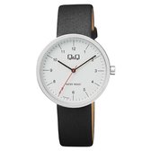 Mooi modern zilverkleurig horloge van Q&Q model qc24j304y 3 atm waterdicht met zwart lederen band