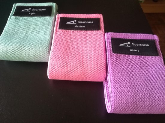 Weerstandsbanden - Resistancebands - Bootybands - Home workout - Thuis sporten - Sportcasa - Set van 3 - Groen Roze Paars -  Yoga - Booty Bands