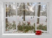 SCHUTTINGPOSTER - Kerst poster - 90x65 cm - doorkijk - winters park met sneeuw - rood - winterlandschap - tuin decoratie - tuinposters buiten - tuinschilderij - winter poster - kerst decorati