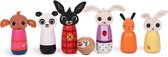 Bing - Houten kegel bowling set - 7-delig sint kerst verjaardag cadeau - Sula Amma Charlie Flop Pando - 6 karakters + 1 bal 3+ jaar educatief speelgoed speelset