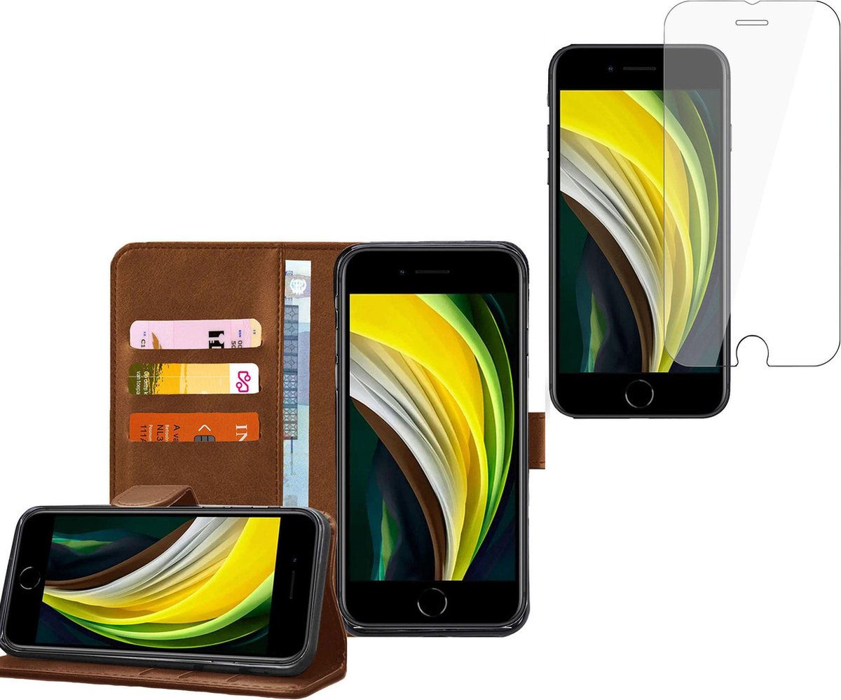 Geschikt voor iPhone SE 2020 / 8 / 7 - Book Case Portemonnee Hoesje Bruin met Screenprotector