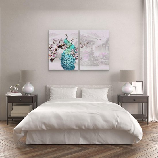Artaza - Peinture sur toile Diptyque - Deux paons bleus - Abstrait - 120x80 - Photo sur toile - Impression sur toile