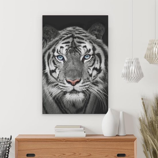 Artaza - Peinture sur toile - Tête de tigre aux yeux bleus - Zwart Wit - 20 x 30 - Klein - Photo sur toile - Impression sur toile