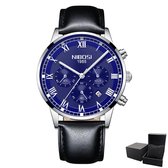 NIBOSI - Horloge voor mannen - Zwart/Zilverkleurig/Blauw - Quartz - 42mm - Leren band - 3 ATM waterdicht