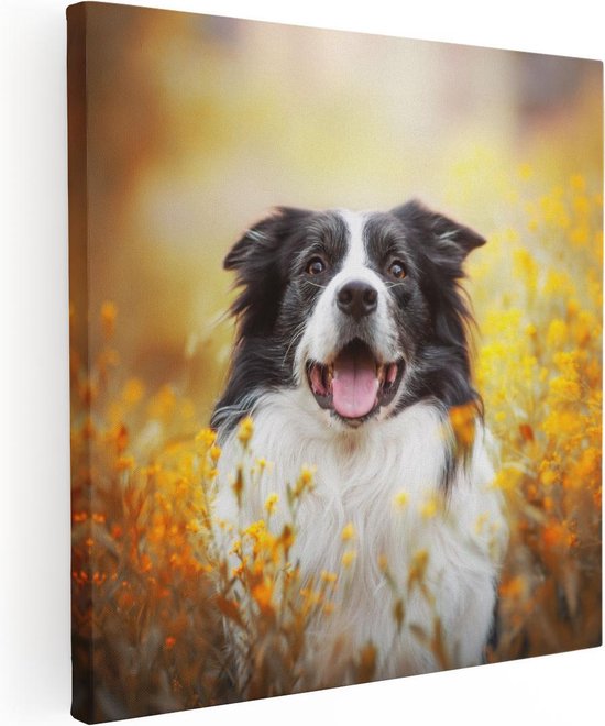 Artaza Canvas Schilderij Blije Hond Tussen De Bloemen - 50x50 - Foto Op Canvas - Canvas Print