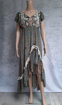 Ibiza/Boho Jurk, 100 % Zijde, Indiase Jurk met Borduursel, Jurk met Bloemen, Zeegroen