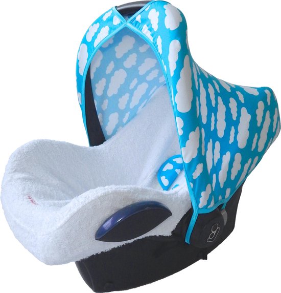 Wallabiezzz Zonnekap Maxi Cosi - Zonnescherm Kinderwagen - Autostoel Universeel - Aquablauw - Wolken van Wallabiezzz — afbeelding 2
