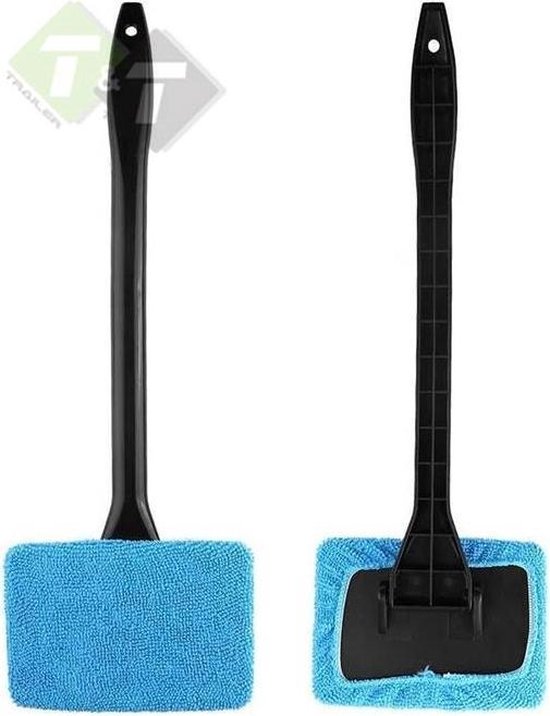 Blauwe microvezelkop met zwarte houder, aan een lange zwarte steel.