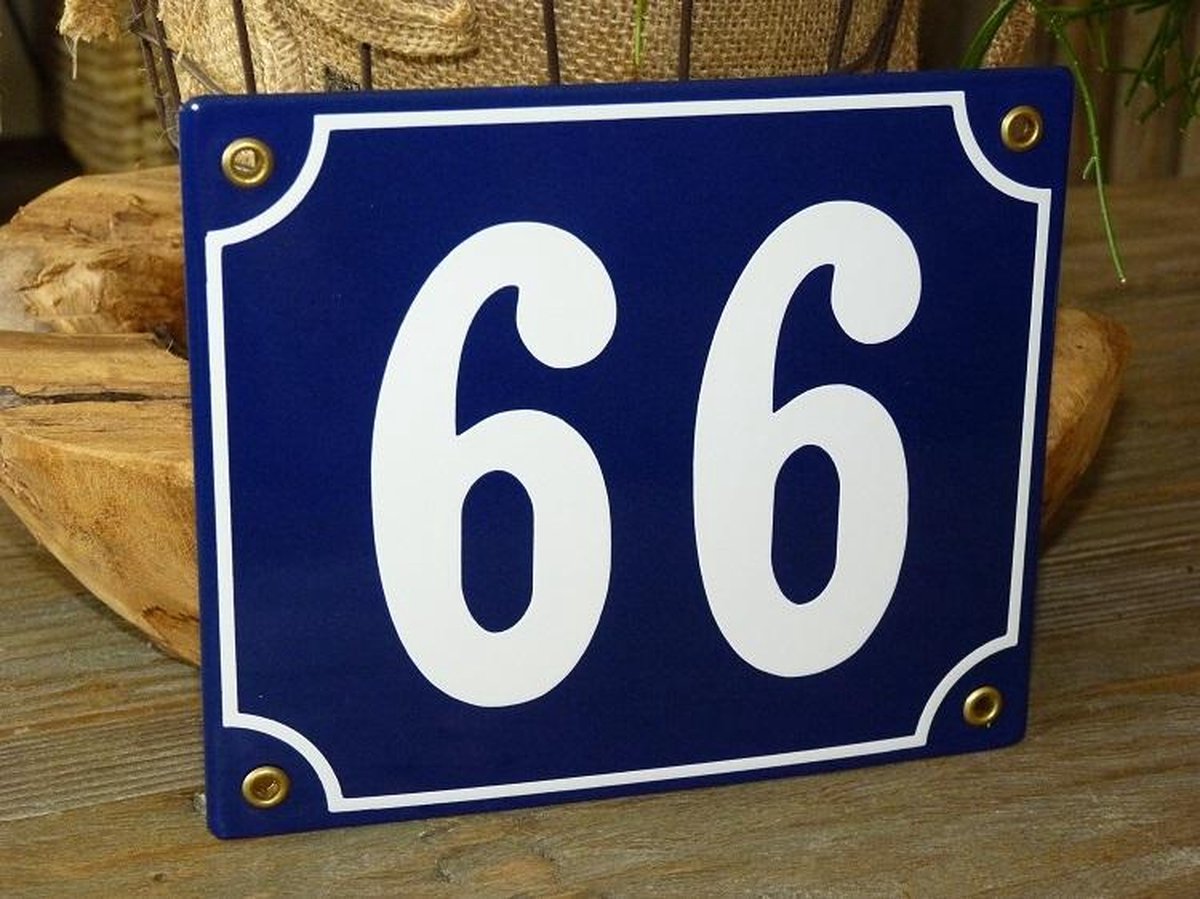 Plaque De Maison émaillée Numéro 66 – 150x100 Mm, Bleu, En Métal Pour Extérieur