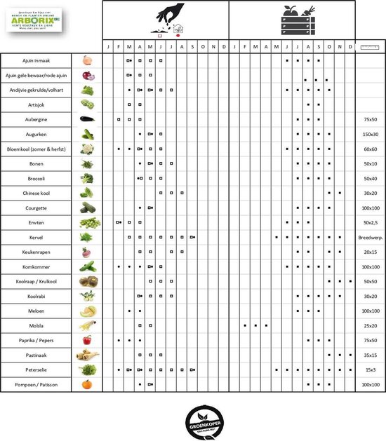 Zaaikalender met groenten, maand en plantinstructies.