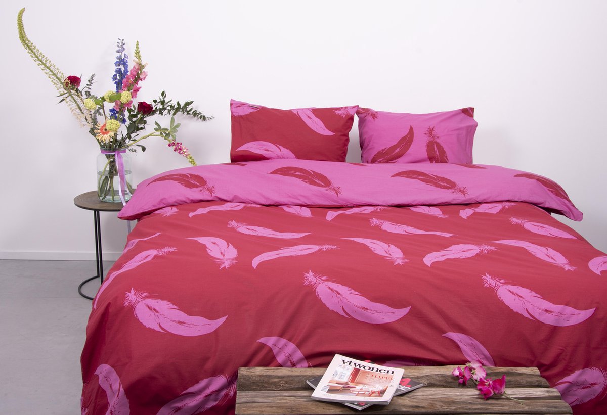 SENZATIONE 100% Katoen Percaline Dekbedovertrek 200x200/220-2x60x70 cm FEATHERS ROOD