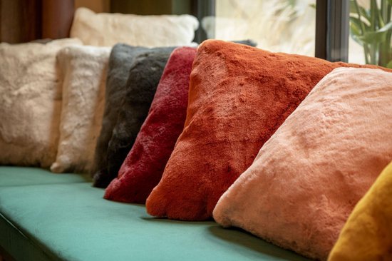 Rij met luxe sierkussens in verschillende kleuren, waaronder Merlot rood, oranje en roze.
