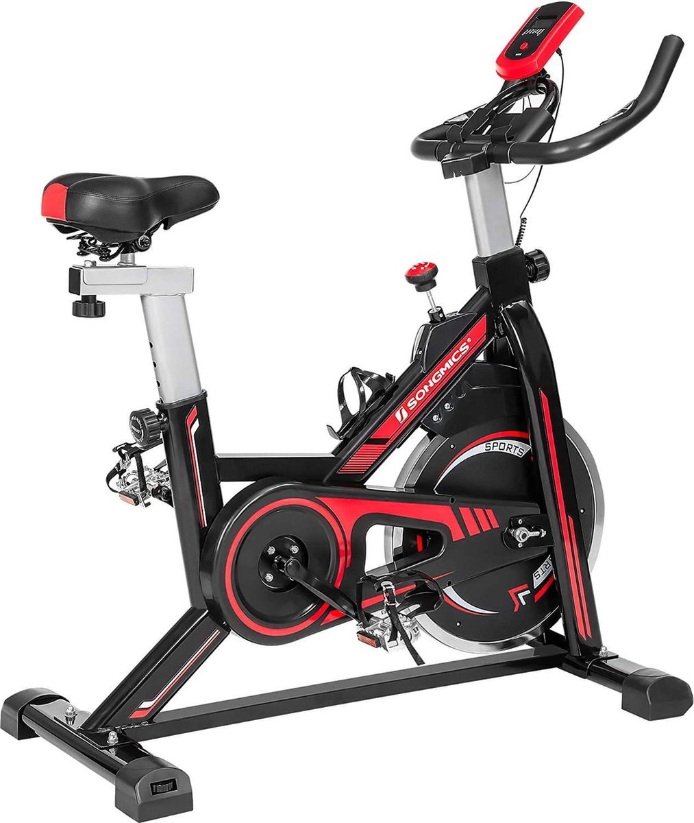 SONGMICS Indoor hometrainer, hometrainer voor thuisfitness, met verstelbaar stuur, stoel en weerstand, polssensor, gekooide pedalen, zwart en rood SEB617R01