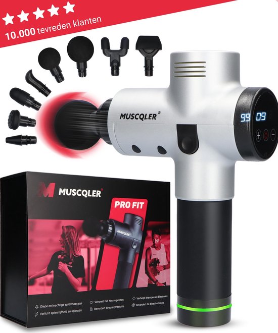 Massage Gun MUSCQLER® Pro Fit - Massage Apparaat - Massage Gun Professioneel - Zeer Krachtig - Extreem Stil - 8 Opzetstukken - 30 Standen - Zilver - Kerstcadeau