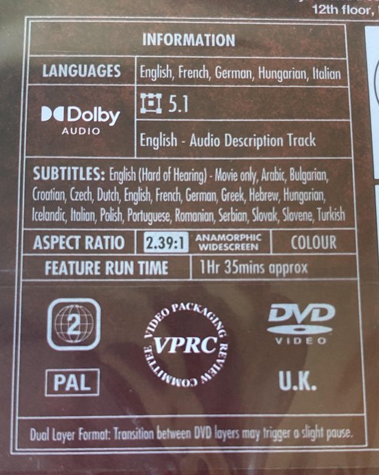 Gedetailleerde informatie op de achterkant van de DVD, inclusief talen, ondertitels en speelduur.