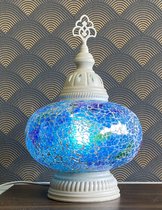 Turkse Lamp - Wit Mozaïek Lamp - Tafellamp - Marokkaanse Lamp - Oosterse Lamp - Recht model -  bol diameter Ø  19 cm - Hoogte 35 cm - Authentiek - Handmade - Kleurrijk - Deep Sea Blue