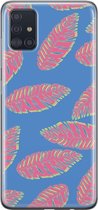 Samsung Galaxy A51 Telefoonhoesje - Transparant Siliconenhoesje - Flexibel - Met Plantenprint - Tropische Blaadjes - Donkerblauw