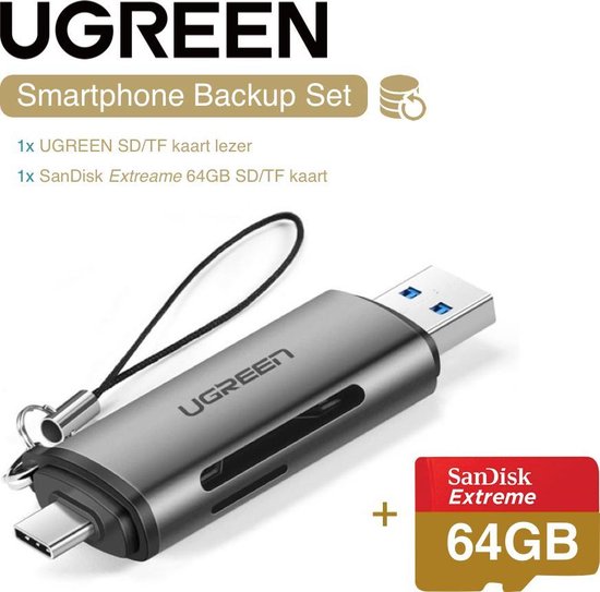 Hover nakomelingen Guinness UGREEN USB-C kaartlezer + 64GB MicroSD set - Backup foto's van je telefoon  of DSLR camera | bol.com