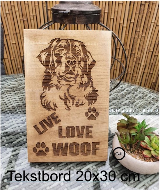 Houten Tekstbord Spreukenbord Golden Retriever Hond Live Love Woof Cadeau Geschenk Verjaardag Wand Decoratie Gelaserd Handgemaakt
