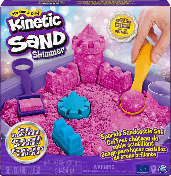 Kinetic Sand Shimmer – Zandkasteel-set met 453 g roze glinsterend speelzand 3 vormpjes en 2 stuks gereedschap – Sensorisch speelgoed