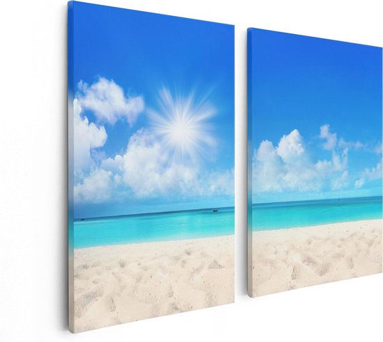 Artaza Canvas Schilderij Tweeluik Strand En Zee Met Helder Witte Zand - 80x60 - Foto Op Canvas - Canvas Print