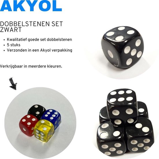 Thumbnail van een extra afbeelding van het spel Akyol Vijf gekleurde dobbelstenen | Set 5 | Dobbelsteenbak | Normale dobbelstenen | Gekleurde dobbelstenen | Zwart witte | Dices | Polydice