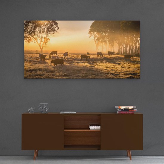 Artaza - Peinture sur toile - Troupeau de vaches dans le pâturage avec lever de soleil - 120 x 60 - Groot - Photo sur toile - Impression sur toile