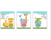 Schilderij  Set 3 Blije Dieren in de Trein - Kinderkamer - Dieren Schilderij - Babykamer / Kinder Schilderij - Babyshower Cadeau - Muurdecoratie - 50x40cm - FramedCity