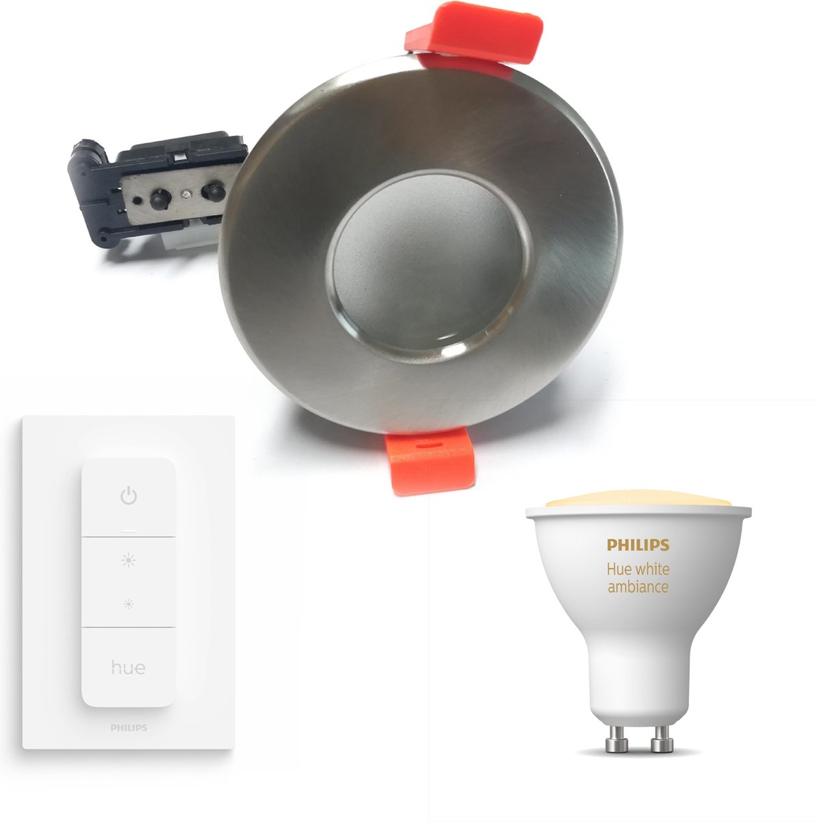 Jotaeme Xino Inbouwspot met Philips Hue White Ambiance GU10 & Dimmer Switch - LED - Dimbaar - Spotjes Inbouw - Geschikt voor Buiten - IP65 Waterbestendig - 1 Lichtpunt - Inox