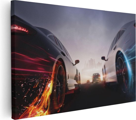 Artaza Canvas Schilderij Twee Raceauto's - Blauw Tegen Rood - 30x20 - Klein - Foto Op Canvas - Canvas Print