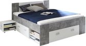 Bed voor volwassenen 140x200 cm 3 lades + nachtkastje - Decor van wit en beton - UDINE