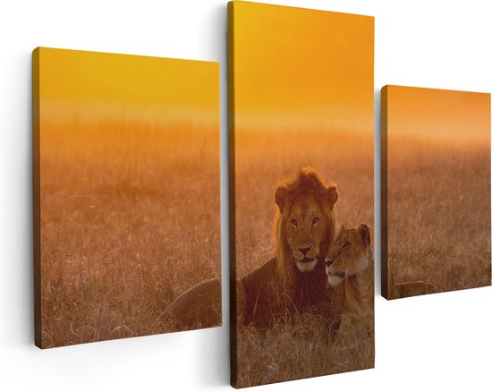 Artaza Canvas Schilderij Drieluik Leeuw En Leeuwin Tijdens Zonsondergang - 90x60 - Foto Op Canvas - Canvas Print