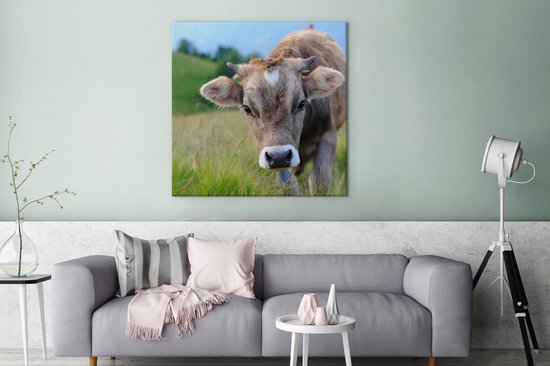 Tableau Peinture Vache - Animaux - Marron - Herbe - 90x90 cm - Décoration murale