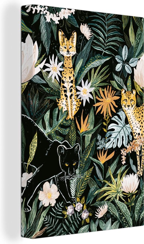 Canvas Schilderij Jungle - Planten - Panter - 60x90 cm - Wanddecoratie