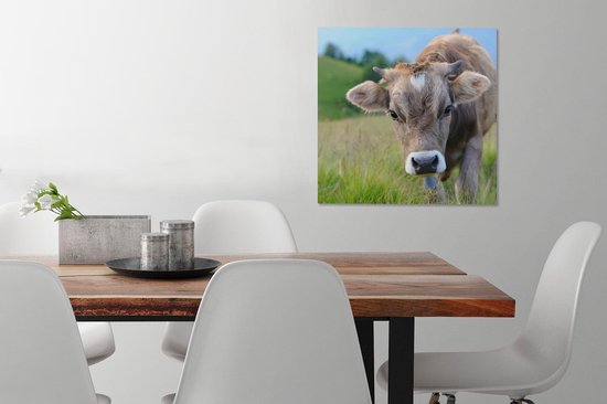 Toile Peinture Vache - Animaux - Marron - Herbe - 50x50 cm - Décoration murale
