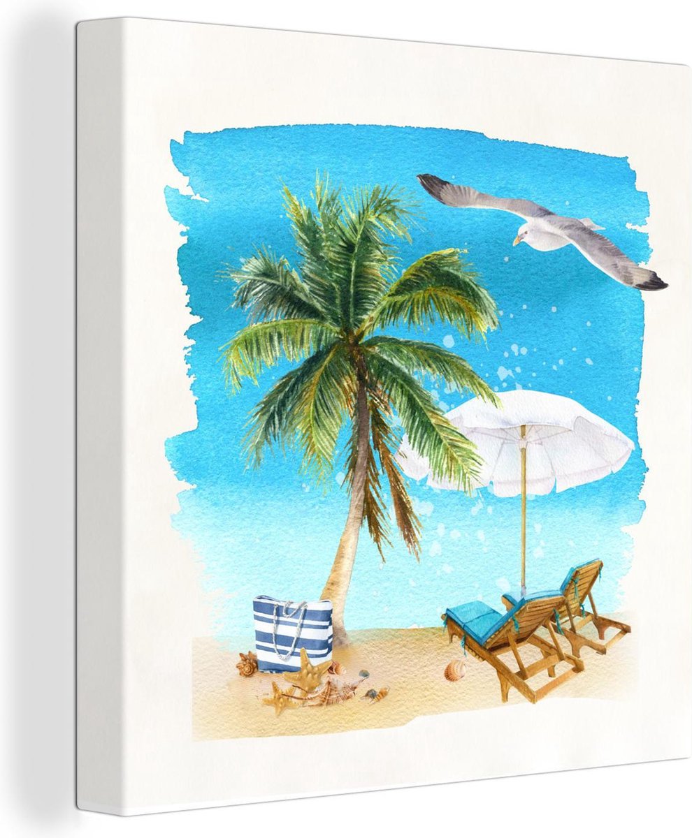 Canvas Schilderij Strandstoel - Parasol - Palmboom - 20x20 cm - Wanddecoratie