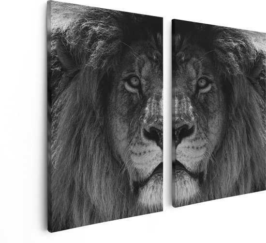 Artaza Canvas Schilderij Tweeluik Leeuw - Leeuwenkop - Zwart Wit - 80x60 - Foto Op Canvas - Canvas Print