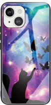 Gehard glas + TPU-randbeschermhoes voor iPhone 13 Mini (kat en vlinder)