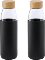 2x Stuks glazen waterfles/drinkfles met zwarte siliconen bescherm hoes 540 ml - Sportfles - Bidon