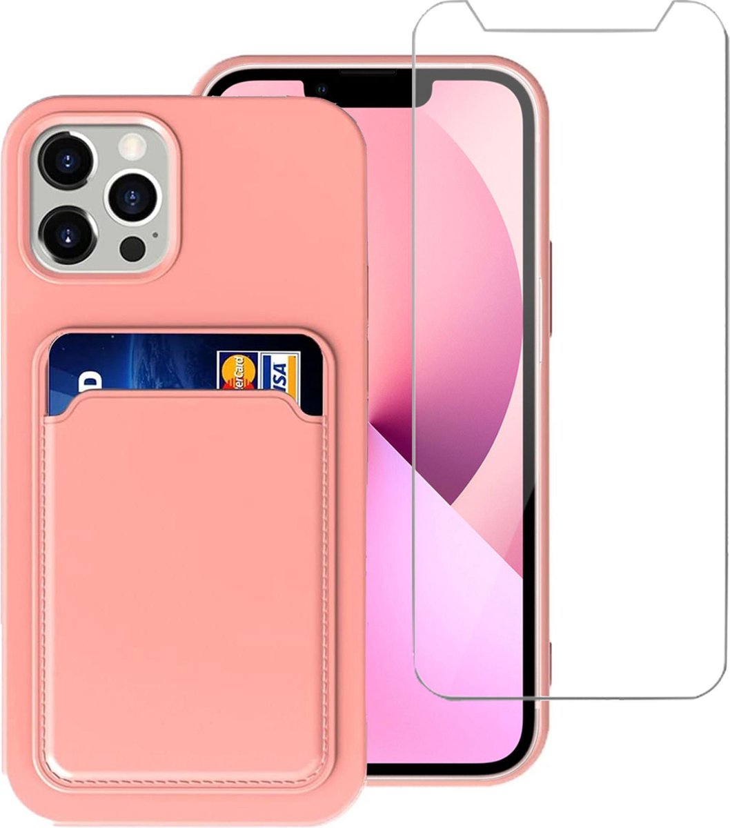 Geschikt voor iPhone 13 Pro Hoesje Met Pasjeshouder TPU Back Cover Rose + Screenprotector