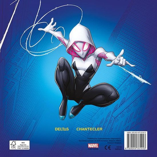 Ghost-Spider in een witte, zwarte en roze outfit schiet webben. Tekst: "DELTAS CHANTECLER MARVEL"