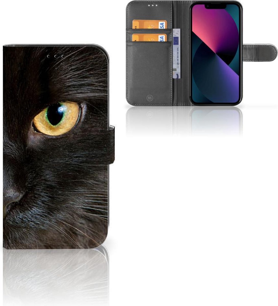 Apple iPhone 13 Telefoonhoesje met Pasjes Zwarte Kat