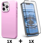Apple iPhone 13 Pro Max Hoesje Roze & 1 Stuk Volledige Glazen Screenprotector - Siliconen Back Cover