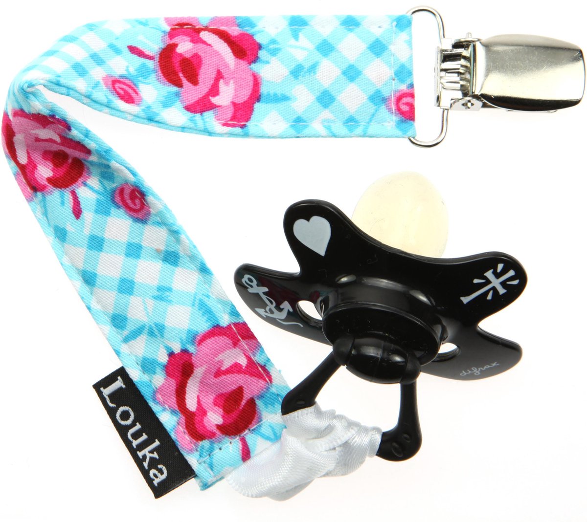 Goedkoopste Louka Speenkoord turquoise ruit met roosje - speenketting